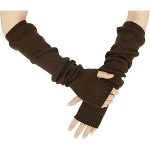 Women's Coffee Soft Cozy Arm Warmers Fingerless Knitted Long Gloves Winter
